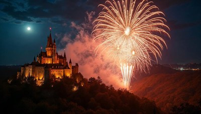 Fireworks light up castle against nighttime sky