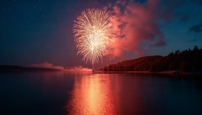 Fireworks illuminate the night sky over a tranquil lake