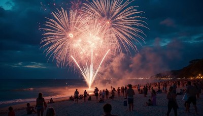 Summer beach fireworks light up the night