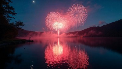 Fireworks illuminate the lake at dusk