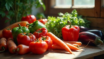 Fresh vegetables displayed on wooden table in sunlight