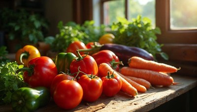 Fresh vegetables displayed on a wooden table indoors