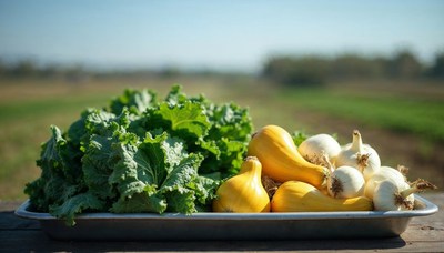 Fresh vegetables harvested on a sunny day in the field