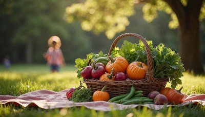 Freshly harvested vegetables displayed in a sunny park