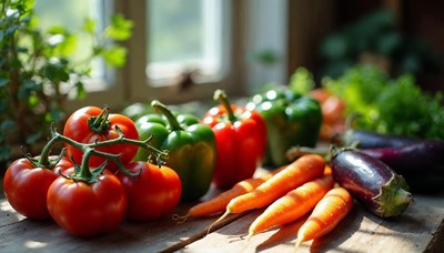 Freshly harvested vegetables on a wooden table