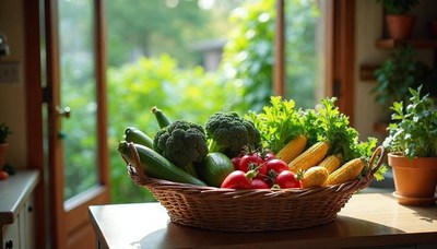 Fresh vegetables in a basket by the window