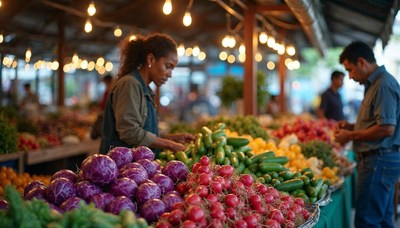 Vibrant market filled with fresh produce at night
