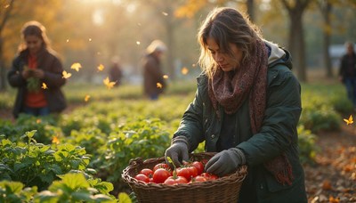 Harvesting ripe tomatoes in an autumn garden setting