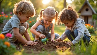 Children plant seedlings in garden during sunny afternoon