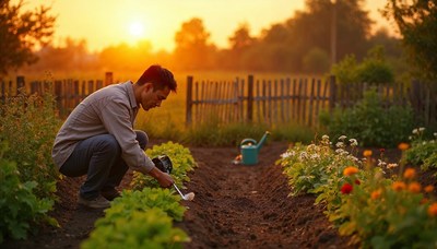 Gardener tending to plants during sunset in a rural setting