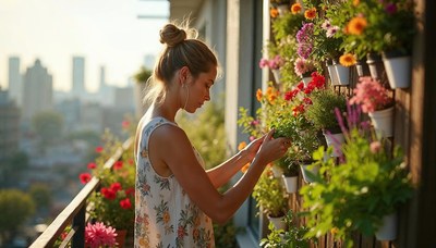 Gardening on a sunny balcony in the city at sunset