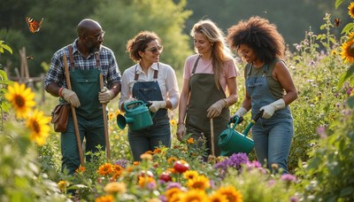 Friends enjoying a sunny day gardening in the flowers