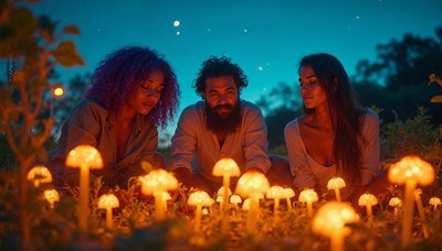 Friends admire glowing mushrooms in a magical setting