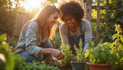 Gardening together in the afternoon sunlight with friends