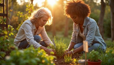 Two women gardening together in a sunlit park