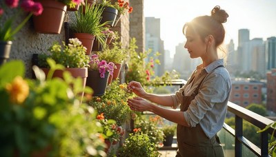 Woman tending to vibrant balcony garden in city