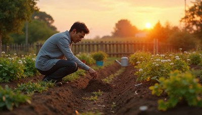 Man tending to plants in garden at sunset