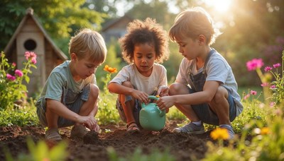 Children gardening together during a sunny afternoon