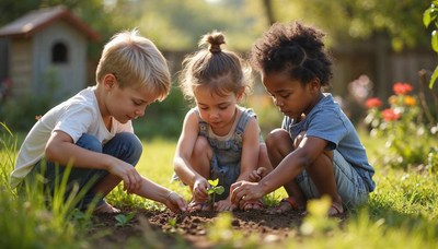 Children planting seeds in a sunny garden