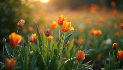 Vibrant orange tulips blooming in a sunlit garden