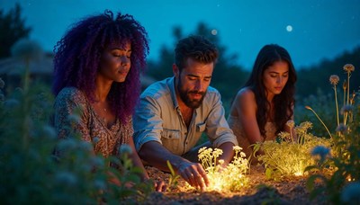 People tending to plants in a garden during golden hour