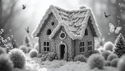 Beautiful gingerbread house in winter wonderland setting