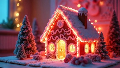 Decorative gingerbread house illuminated for the holidays