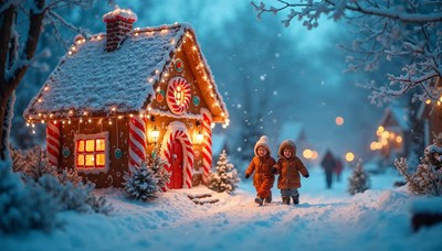 Children enjoying a winter walk near a gingerbread house