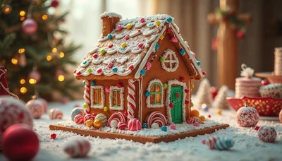 Festive gingerbread house decorated for the holidays