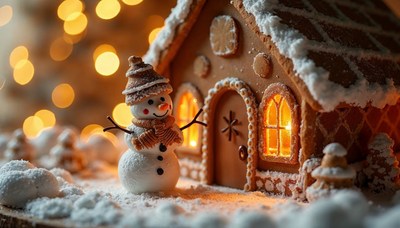 Holiday gingerbread house with a cheerful snowman