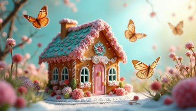 Gingerbread house with butterflies and flowers