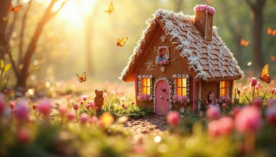 Enchanted gingerbread house in a sunlit forest