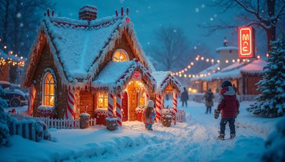 Winter wonderland with a cozy gingerbread house
