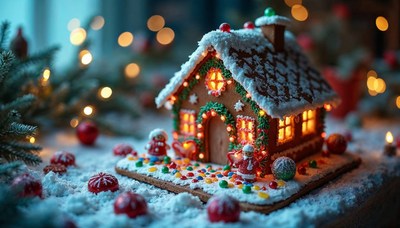 Cozy gingerbread house decorated for winter festivities