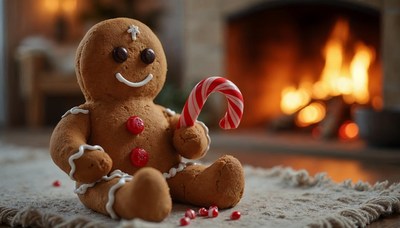 Gingerbread figure with candy cane near fireplace