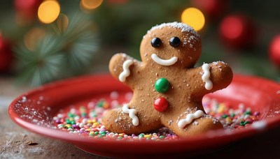 Gingerbread cookie on a festive plate with sprinkles