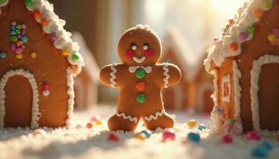 Gingerbread man stands in front of gingerbread houses