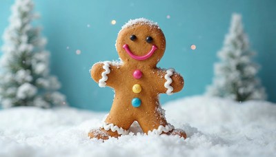 Gingerbread man decorated with icing in winter setting