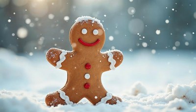 Festive gingerbread man in snowy winter landscape