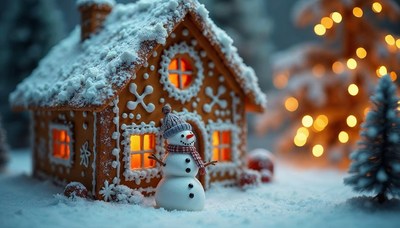 Snowy gingerbread house with a cheerful snowman outside