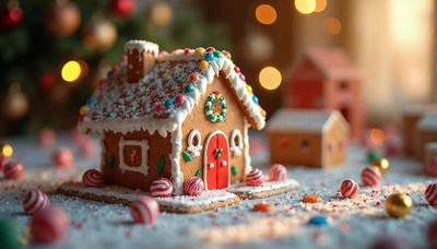 Festive gingerbread house decorated with candy and lights