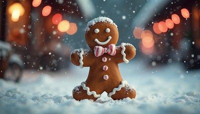 Gingerbread man stands cheerfully in snowy setting