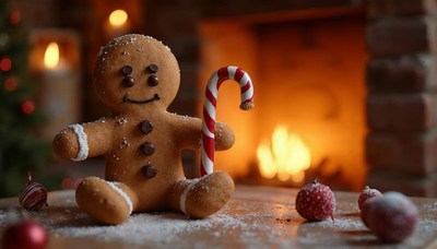 Gingerbread cookie and candy cane by a warm fireplace