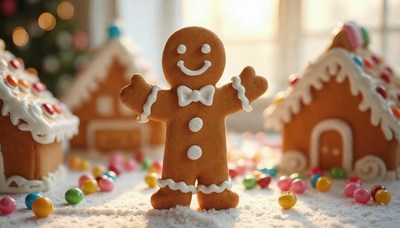 Gingerbread cookie smiling in a festive winter setting