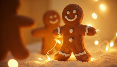 Gingerbread figures surrounded by festive lights at night