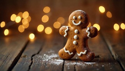 Gingerbread man shines by festive lights