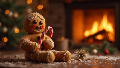 Gingerbread figure with candy cane near cozy fireplace