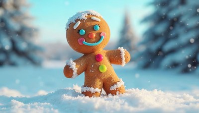 Snowy winter scene with cheerful gingerbread cookie