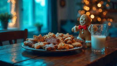 Festive cookies and gingerbread man on a wooden table