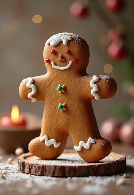 Gingerbread man decoration on wooden platter for holidays